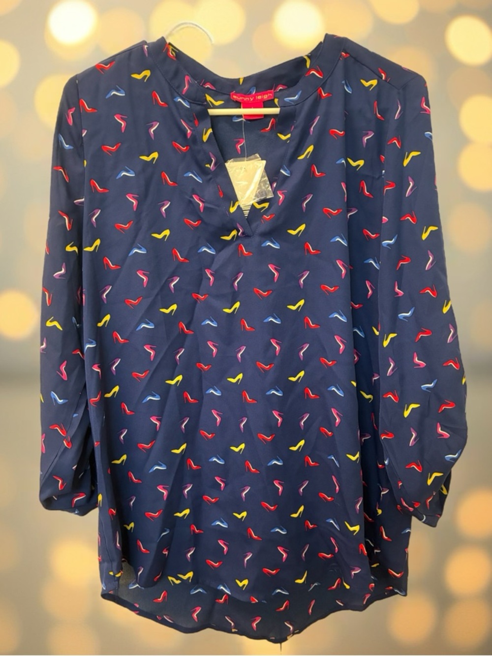 Sunny Leigh Navy Blouse with Red, Yellow, Pink, and Blue Shoe Print